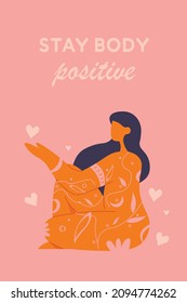 Stay body positive. Feminism body positive vertical card with love to own figure, female freedom isolated vector illustration.