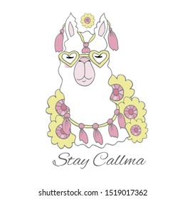 Stay calm cute llama, alpaca isolated on white background, vector