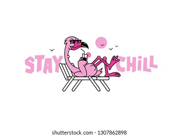 STAY CHILL FLAMINGO WITH COCKTAIL WHITE BACKGROUND