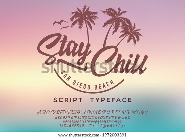 Stay chill. Hand made script font. Vacation summer\
time. Waikiki beach. Vector illustration. Retro typeface and logo.\
Summer style.