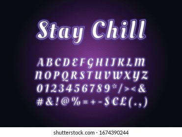 Stay chill neon light font template. White and purple illuminated vector alphabet set. Bright capital letters, numbers and symbols with outer glowing effect. Nightlife typography. Cool typeface design