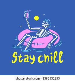 STAY CHILL SKELETON IN CAP WITH COCKTAIL AND SWIM RING COLOR BLUE BACKGROUND