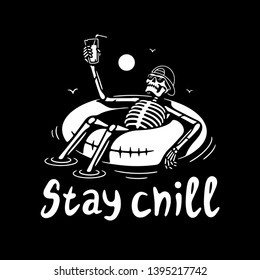 STAY CHILL SKELETON IN CAP WITH COCKTAIL AND SWIM RING WHITE BLACK BACKGROUND