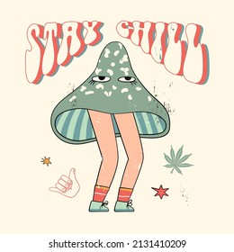 Stay chill slogan with psychedelic mushroom, flowers and other retro elements. 70's Groovy Themed in Hand Drawn style. Hippie illustration for girl tee, t-shirt and