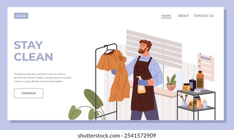 Stay clean landing page template. Dry cleaning service concept. Young man cleaner laundry worker stands near reception counter and cleans dress hanging on hanger. Clothing industry and garment care