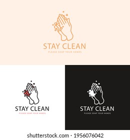Stay clean logo concept with hand pray and soap logo icon in line style, can be used for logo or design element