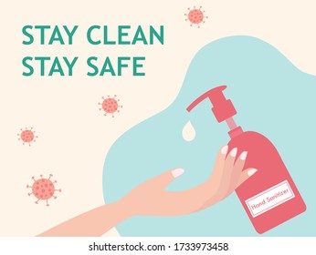 Stay clean stay safe, hands applying on hand sanitizer washing to protect COVID-19 coronavirus disease outbreak vector illustration. New normal after covid-19 pandemic