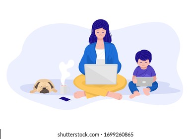 Stay at concept, Mother working on laptop while her son watches cartoons. Vector