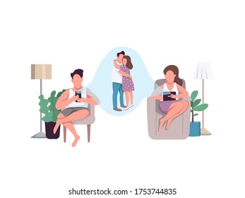 Stay connected flat concept vector illustration. Man and woman texting. Romantic partner on phone call. Heterosexual couple 2D cartoon characters for web design. Remote communication creative idea