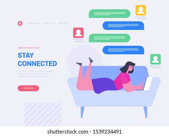 Stay connected landing page vector template. Online communication website homepage interface idea with flat illustrations. Messaging app. Social media technology web banner cartoon concept