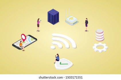 stay connected on internet technology wifi with people connecting to network modern isometric style - vector