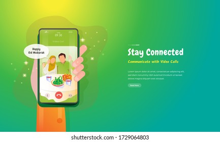 Stay connected with others through video calls for the Eid Mubarak greeting concept