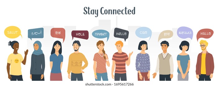 Stay connected. Social Network concept. Multiethnic people saying hello in different languages. Vector illustration