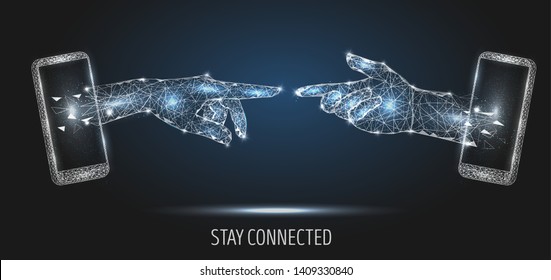 Stay Connected Vector Poster Banner Design Template. Mobile Phone Two Human Hands Touching, Low Poly Wireframe Mesh. 5G Network Communication Technology Polygonal Art Style Illustration.