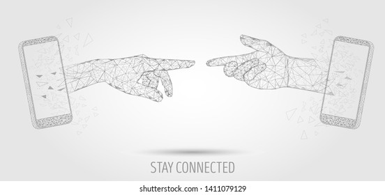 Stay Connected Vector Poster Banner Design Template. Mobile Phone Two Human Hands Touching, Low Poly Wireframe Mesh. Mobile Network, Stay In Touch Concept Polygonal Art Style Illustration.