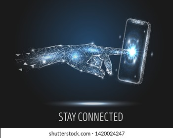 Mantén conectado la plantilla de diseño del cartel vectorial. Pantalla de teléfono móvil con toque de mano humana, malla de alambre de baja polilla. Ilustración de estilo de arte poligonal de la tecnología de la comunicación móvil.