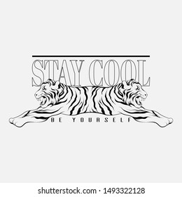 Stay cool. Be yourself. Vector hand drawn illustration of tiger with two heads isolated. Template for card, poster. banner, print for t-shirt, pin, badge, patch.