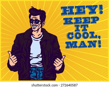 Stay cool! Dude in leather jacket and rockabilly pompadour hairstyle making thumbs up gesture, cool guy, stylish vintage man