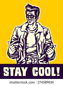Stay cool! Dude in leather jacket and rockabilly pompadour hairstyle making thumbs up gesture, cool guy, stylish vintage man