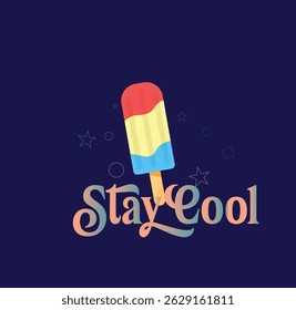 Fique fresco lettering, Ice Cream, Cone de sorvete Kawaii bonito com detalhes coloridos e texto "Stay Cool", design de camiseta, ilustração de verão.