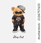stay cool slogan with cool bear doll in black tiger t shirt and sunglasses vector illustration