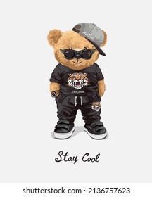 stay cool slogan with cool bear doll in black tiger t shirt and sunglasses vector illustration