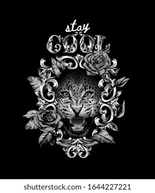 stay cool slogan with b/w leopard face in antique style frame illustration