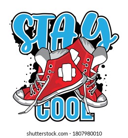 Stay cool slogan with shoe illustrations and grunge effects, typograohy design