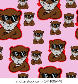 stay cool with sun glasses otter, impressive, perky, dashing pet cute cartoon seamless pattern funny animals with pink background