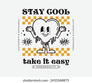 stay cool take it easy poster or t shirt design print template with cute cartoon heart characters with checkered background. Vector illustration