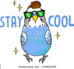 Mantente fresco. Caricatura budgerigar con peinado hipster y gafas de sol. Ilustración de vectores aislada