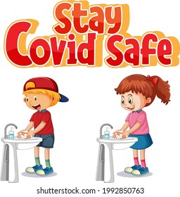 Stay Covid Safe Font In Cartoon Style With Kids Washing Their Hands By Water Sink Isolated On White Background Illustration