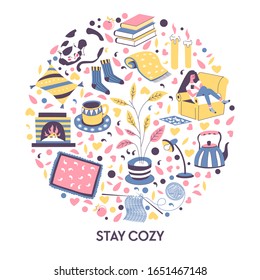 Stay cozy banner, woman spending winter evening home vector. Girl in socks drinking tea on armchair, hot drink and indoor furniture, fireplace and cat. Coffee in mug, relax and rest, house comfort