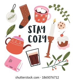 Stay cozy. Illustration with cute things and objects for candle, sock, tea pot, cake, coffee. Flat style hand drawn elements isolated on white. Cozy and comfortable lifestyle. Autumn or winter mood