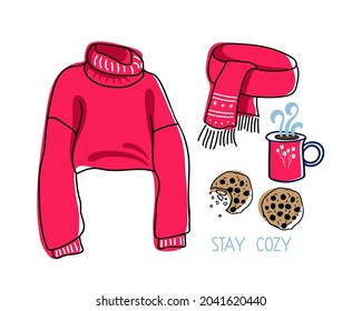 Stay Cozy Text And Warm Winter Knitted, Sweater And Scarf, Hot Drink And Cookies. Cozy Hand Drawn Linear Vector Sketch. Seasonal Design. Warm Cozy Winter Elements On White Background.