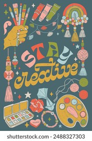 Stay creative - colorful hand written lettering with school supplies decorative elements. Vector linocut style textured illustration for school, university.