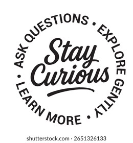 Stay curious, ask questions, explore gently, learn more, inspirational design quote, motivational quotes, typography illustration lettering quotes