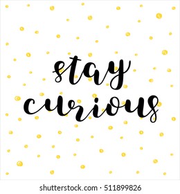 Stay curious. Brush hand lettering illustration. Inspiring quote. Motivating modern calligraphy. Can be used for photo overlays, posters, clothes, prints, cards and more.