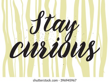Stay curious inscription. Greeting card with calligraphy. Hand drawn lettering design. Photo overlay. Typography for banner, poster or apparel design. Isolated vector element.