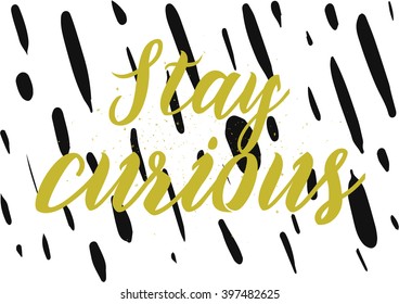Stay curious inscription. Greeting card with calligraphy. Hand drawn lettering design. Photo overlay. Typography for banner, poster or apparel design. Isolated vector element.