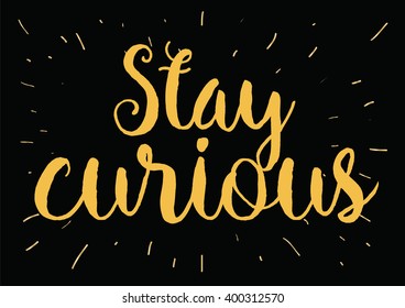 Stay curious inspirational inscription. Greeting card with calligraphy. Hand drawn lettering design. Photo overlay. Typography for banner, poster or apparel design. Vector typography.