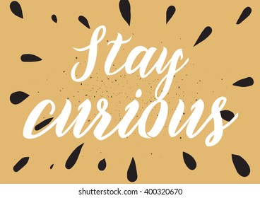 Stay curious inspirational inscription. Greeting card with calligraphy. Hand drawn lettering design. Photo overlay. Typography for banner, poster or apparel design. Vector typography.