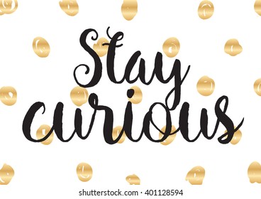Stay curious inspirational inscription. Greeting card with calligraphy. Hand drawn lettering design. Photo overlay. Typography for banner, poster or apparel design. Vector typography.