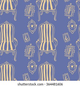 Stay Fancy seamless vector pattern. Cute hand drawn furniture, interior decorations and frames.