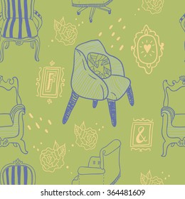 Stay Fancy seamless vector pattern. Cute hand drawn furniture, interior decorations and frames.