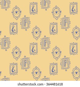 Stay Fancy seamless vector pattern. Cute hand drawn furniture, interior decorations and frames.