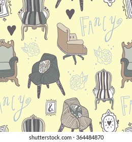 Stay Fancy seamless vector pattern. Hand drawn furniture, interior decorations and frames. Hand lettering.