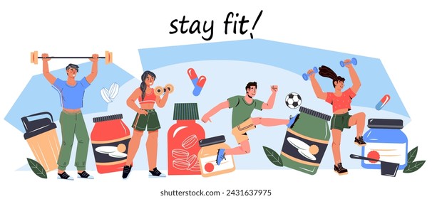 Stay fit motivation sport banner with athletic people characters, flat cartoon vector illustration isolated on white background. Sport activity and nutrition. Fitness and bodybuilding training.