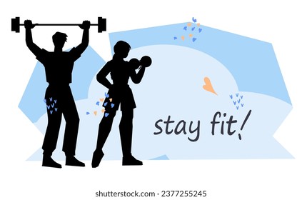 Stay fit sport banner, maintaining physical fitness through sports activities. Stay in shape and improve well-being banner or poster design, flat vector illustration isolated on white background.