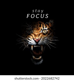 stay focus slogan with angry leopard in shadow vector illustration